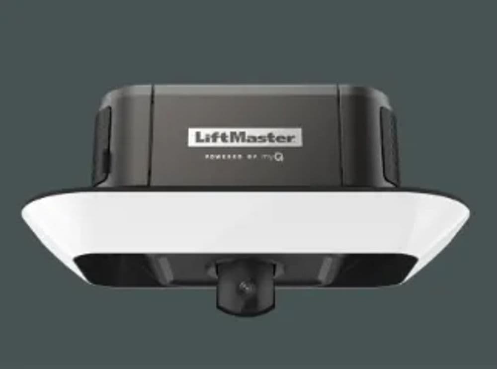 LiftMaster garage door opener with smart technology and sleek design on a gray background.